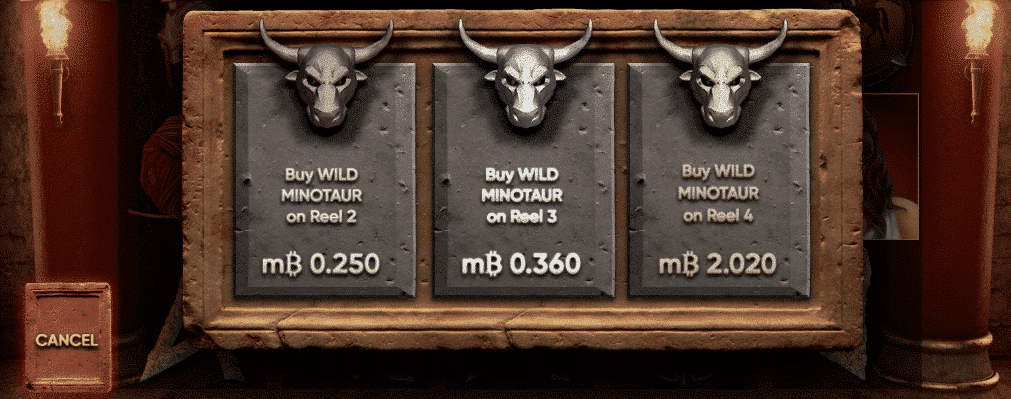 Menu d'achat bonus avec trois options d'achat Wild Minotaur au prix de 0,250, 0,360 et 2,020 mBTC