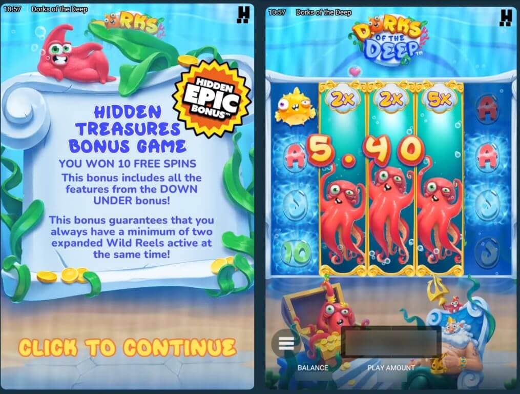Split image showing Dorks of the Deep Hidden Epic Bonus notification on the left and gameplay with expanded wild reels on the right