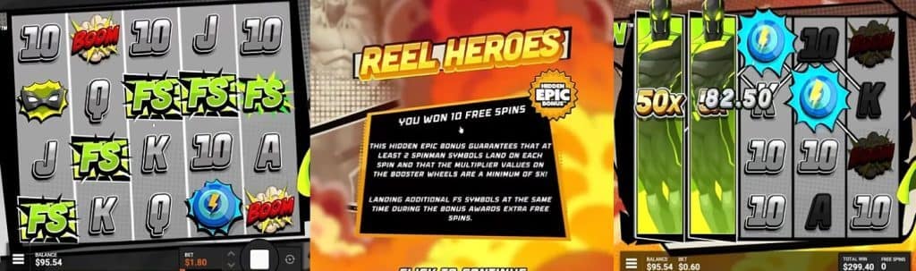 Spinman slot showing 5 FS scatter symbols triggering the Reel Heroes Hidden Epic Bonus with notification explaining guaranteed minimum 2 Spinman symbols per spin and 5x minimum multipliers