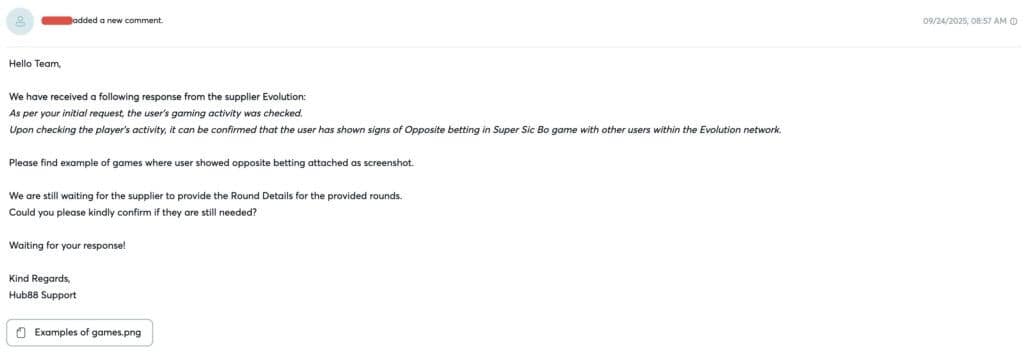Casino support ticket showing Evolution Gaming's confirmation of opposite betting activity in Super Sic Bo