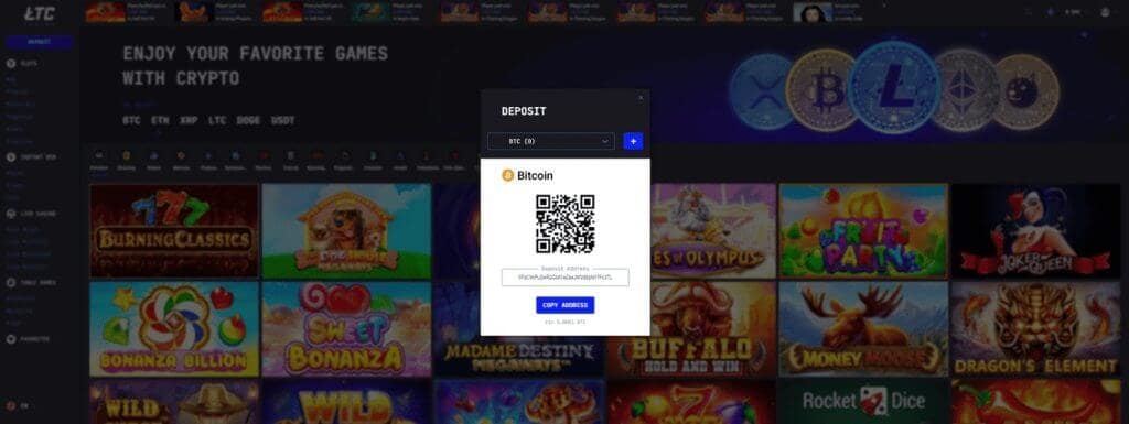 LTC Casino deposit interface showing Bitcoin deposit popup with QR code, wallet address field, and copy address button, with slot game thumbnails in background including Burning Classics, Sweet Bonanza, Buffalo, and Money game titles