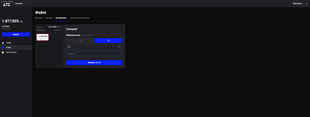 LTC Casino wallet withdrawal page showing 1.871305 LTC balance with Coinspaid withdrawal form, Litecoin selected as currency, withdrawal amount of 15 LTC entered, and blue 'Withdraw 15 LTC' button