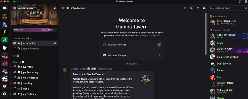 Screenshot of the Gamba Tavern Discord server showing the introduction channel, server banner reading "Provably real community", a boost goal of 28 out of 33, the channel list including everyone, gamblers-only, wins-n-losses, counting, media and suggestions, and a member sidebar showing Cole as Bartender alongside 20 casino staff members including representatives from EndFun, SolPump, Duel, and AceBet