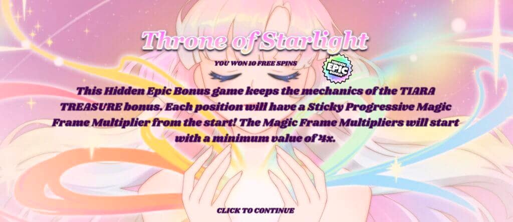 Throne of Starlight Hidden Epic Bonus activation screen in Rainbow Princess explaining the enhanced features with the princess character backdrop