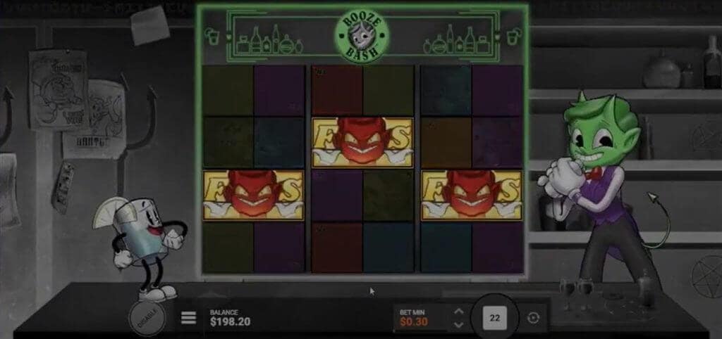 Booze Bash base game showing three FS Pair symbols on the reels needed to trigger the Hell's Happy Hour Hidden Epic Bonus, with cartoon characters at a bar setting
