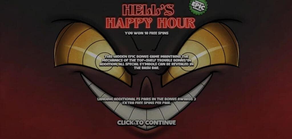 Booze Bash Hell's Happy Hour Hidden Epic Bonus notification screen explaining that all special symbols can be revealed in the Bash Bar during this premium feature