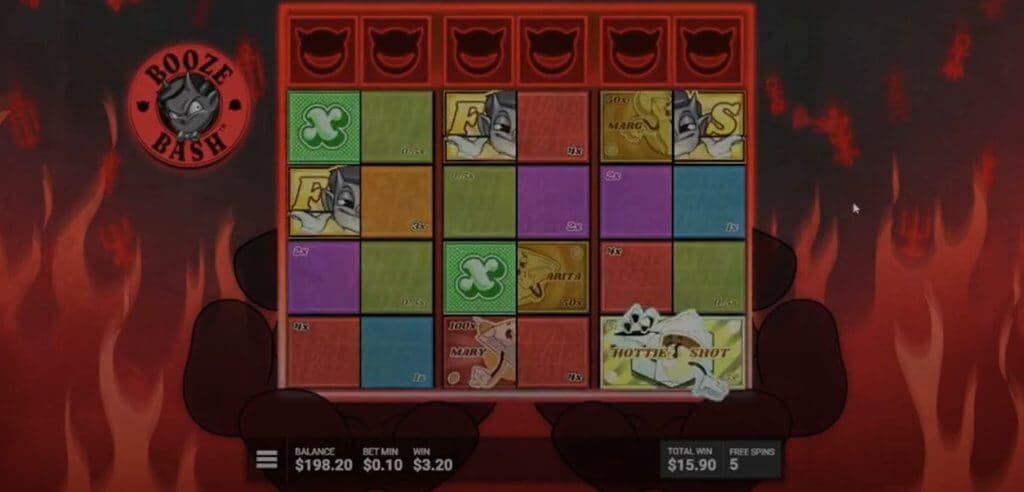 Booze Bash Hidden Epic Bonus gameplay showing the enhanced Bash Bar at the top with multiple special symbols and colorful drink tiles below during Hell's Happy Hour