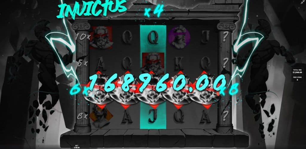 Invictus Hidden Epic Bonus gameplay showing massive 168,960 win with Left (5x), Middle (4x), and Right (10x) multipliers combining for huge payouts