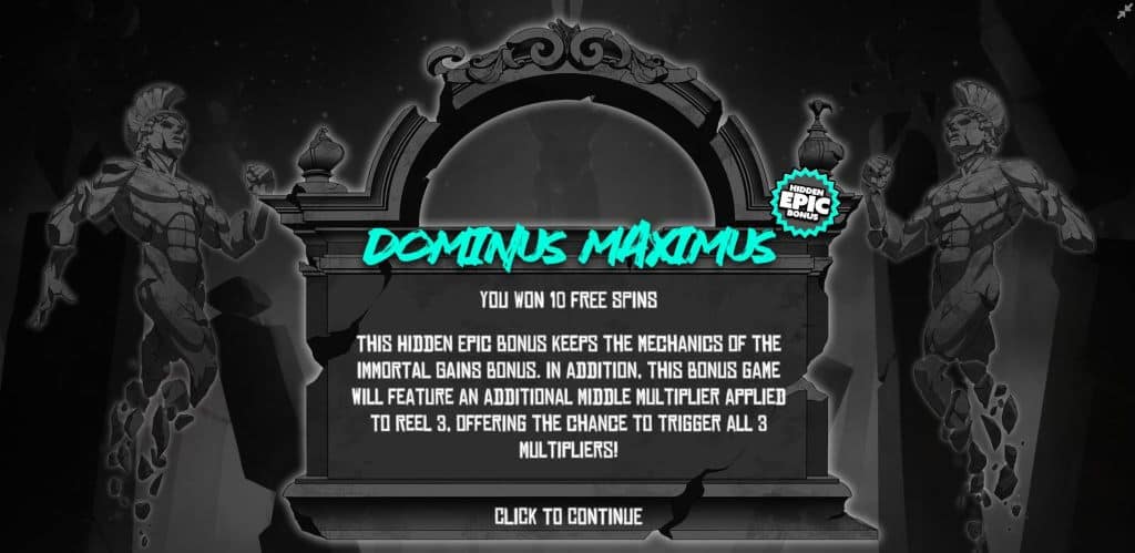 Invictus DOMINUS MAXIMUS Hidden Epic Bonus notification explaining the additional Middle Multiplier on Reel 3 that works with Left and Right multipliers