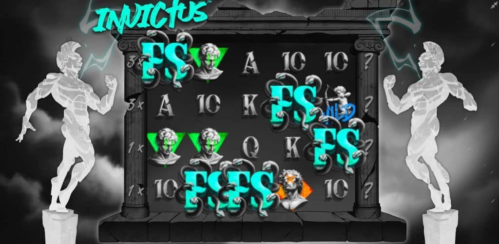 Invictus base game showing 5 FS scatter symbols required to trigger the DOMINUS MAXIMUS Hidden Epic Bonus