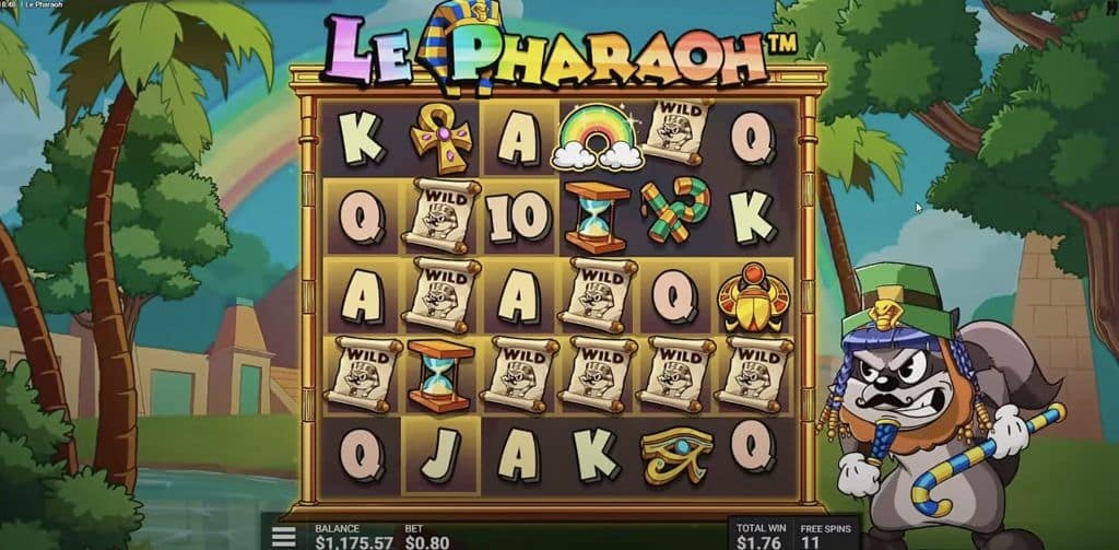 Le Pharaoh gameplay during the Rainbow Over the Pyramids bonus showing multiple wild symbols, a rainbow symbol, and highlighted squares with a rainbow in the background