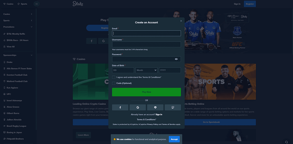 Stake Casino Registration Screen