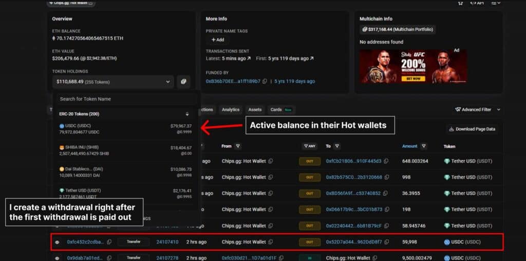 Chips.gg hot wallet balance at the time Mantra submitted the $79,400 withdrawal