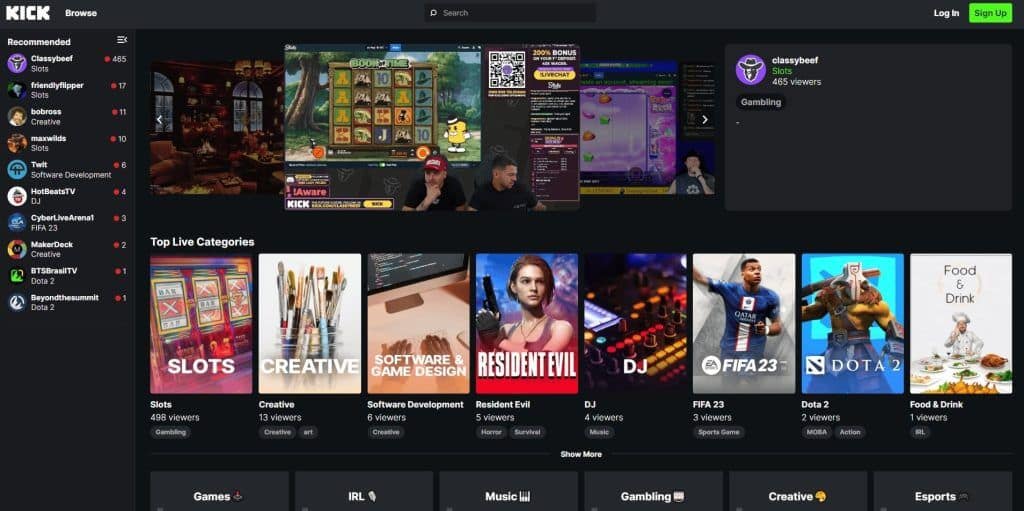 Kick.com interface