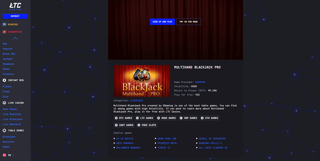 Information about the Multihand Blackjack Pro game at LTC Casino