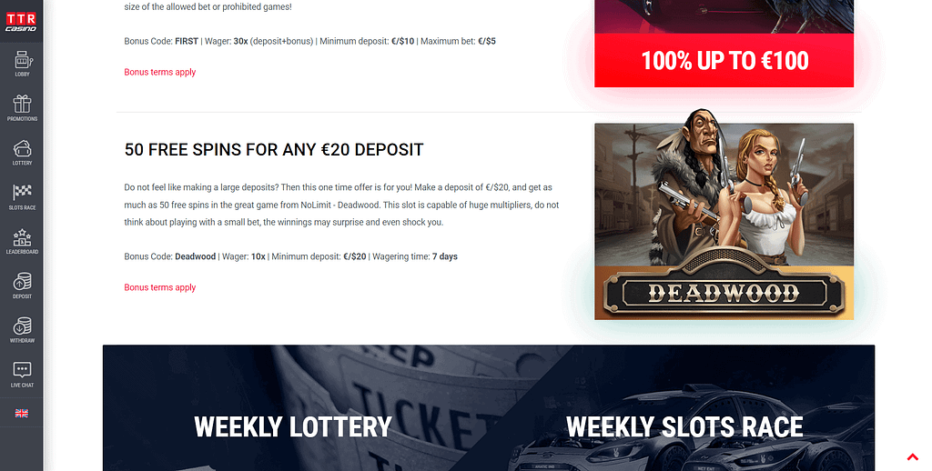 TTR Casino Free Spins Offer Screenshot