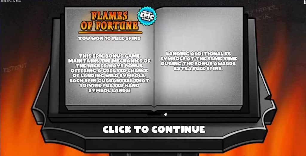 Pray for Three slot showing the Flames of Fortune Hidden Epic Bonus notification screen explaining the enhanced features and Divine Prayer Hand symbol mechanics