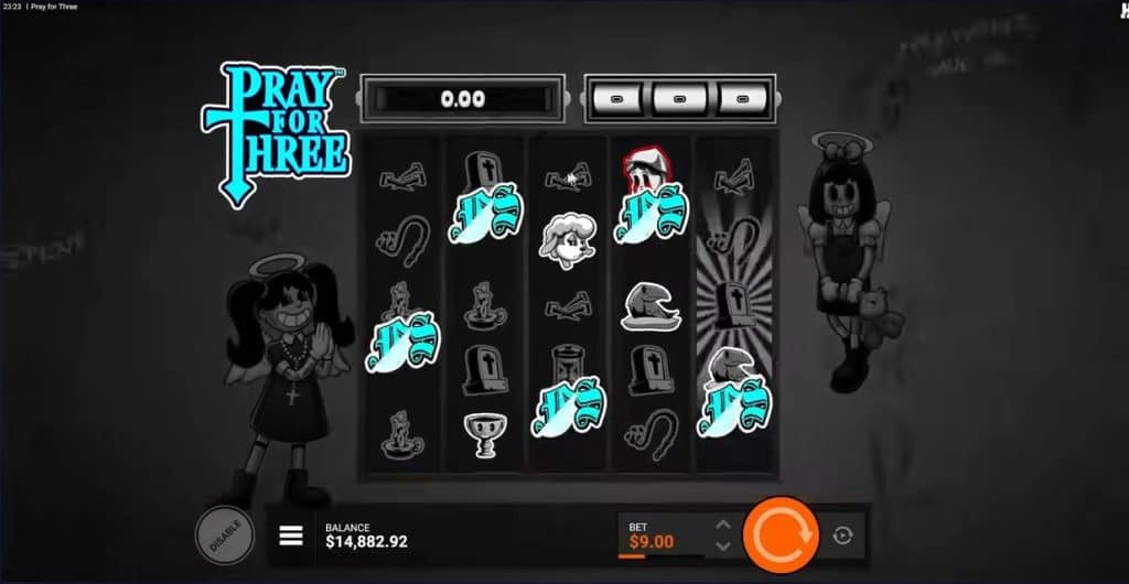 Pray for Three base game showing 5 FS symbols on the reels, needed to trigger the hidden epic bonus