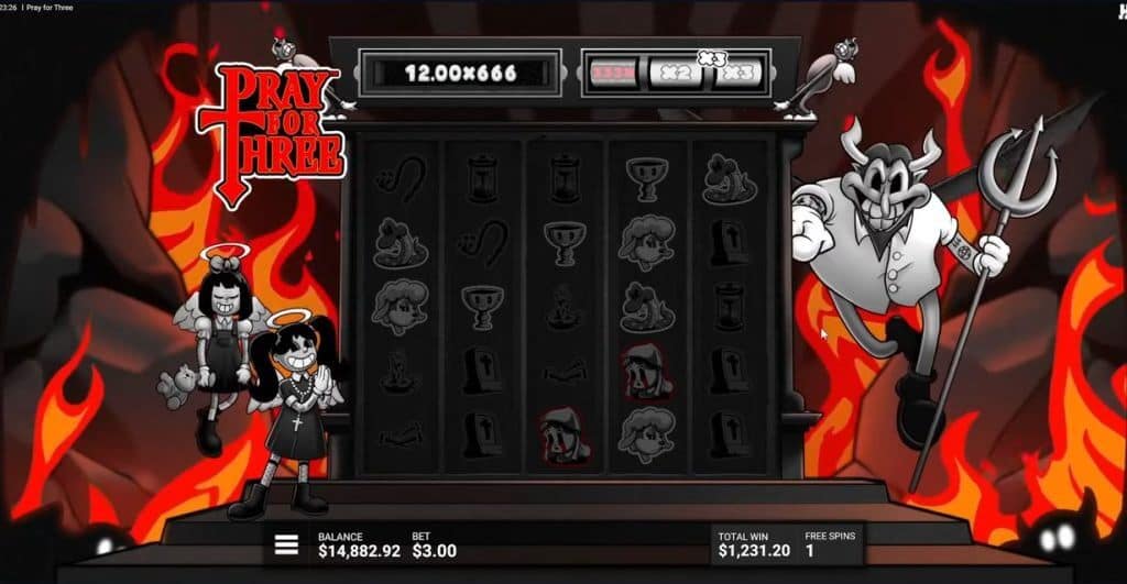 Pray for Three Hidden Epic Bonus gameplay showing a substantial win of $1,231.20 with the devil character and enhanced flame-themed visuals