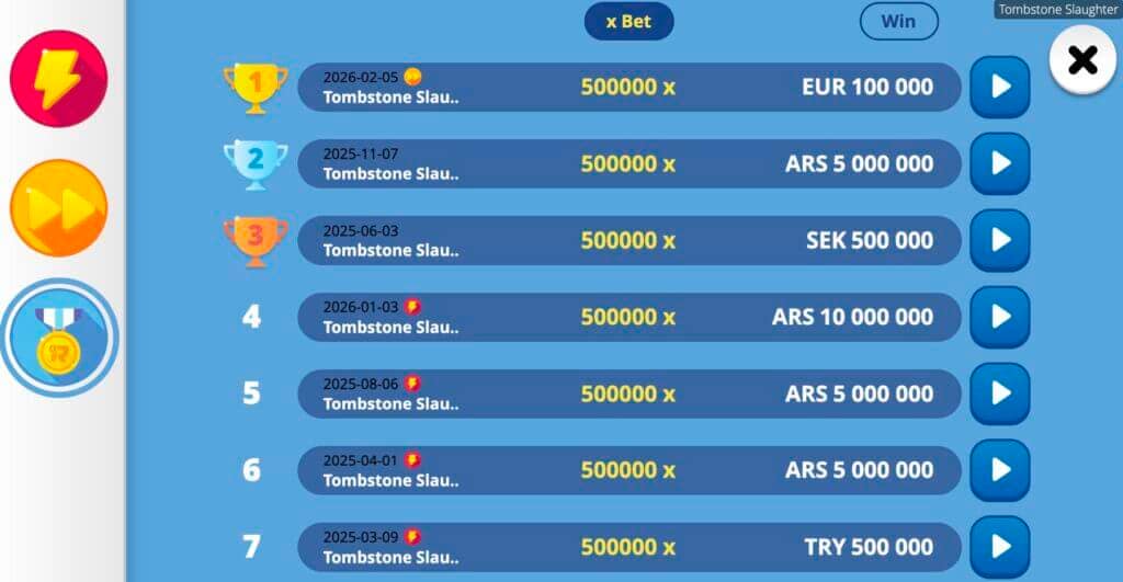 Tombstone Slaughter slot max win leaderboard showing EUR 100,000 win at #1 position dated February 5th 2026, with 500,000x multiplier displayed