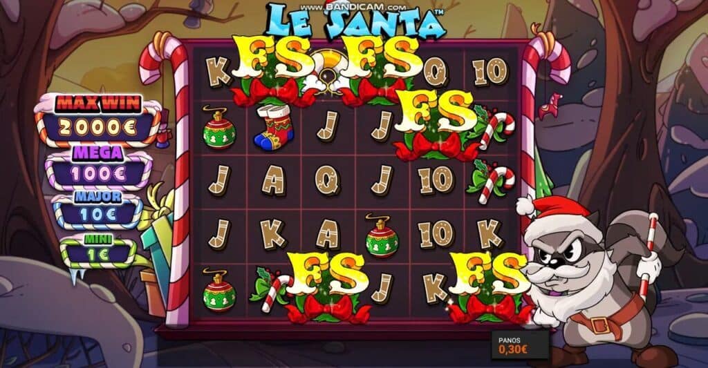 Le Santa base game displaying five FS scatter symbols needed to trigger the WRECK THE HALLS Hidden Epic Bonus, with Smokey the raccoon dressed as Santa on the right