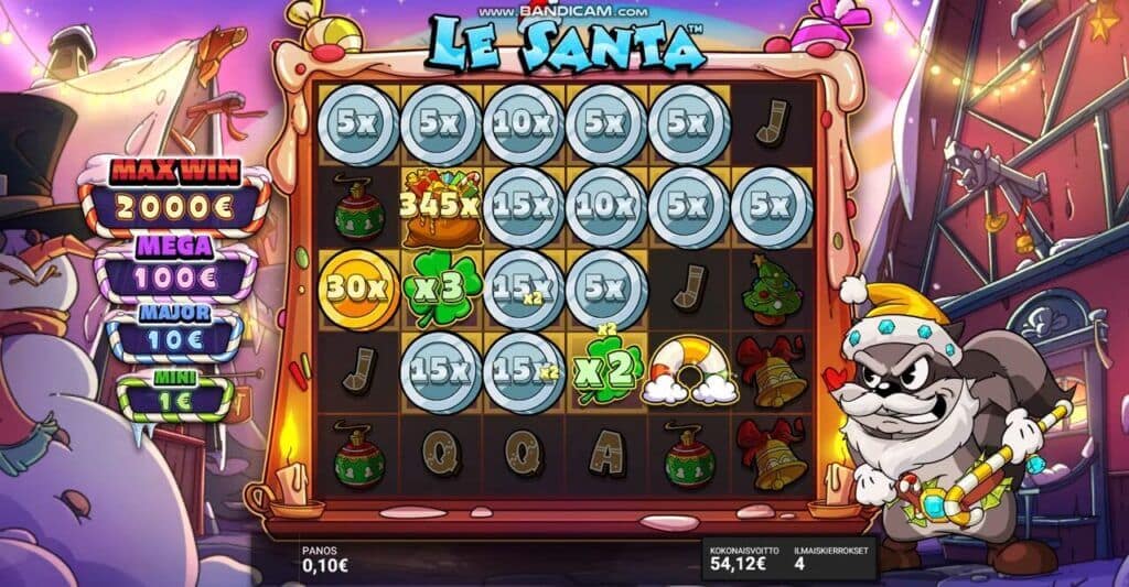 Gameplay during Le Santa's WRECK THE HALLS Hidden Epic Bonus showing Silver Coins with values from 5x to 15x, a 345x Santa Sack collector, a 30x Gold Coin, and Green Clover multipliers activating across the grid with a total win of 54.12 euros