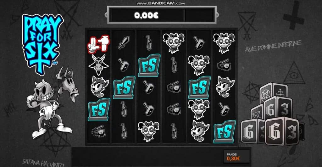 Pray for Six base game displaying five FS scatter symbols landing simultaneously to trigger the PLAYTIME IN PURGATORY Hidden Epic Bonus, with '6' dice symbols visible on the right side of the grid