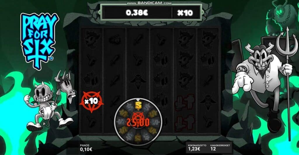 Gameplay during Pray for Six's PLAYTIME IN PURGATORY Hidden Epic Bonus showing the Wailing Wheel spinning on a 25x Gold Cash Prize with a x10 Multiplicative Multiplier already accumulated on the Total Win Bar, 12 free spins remaining