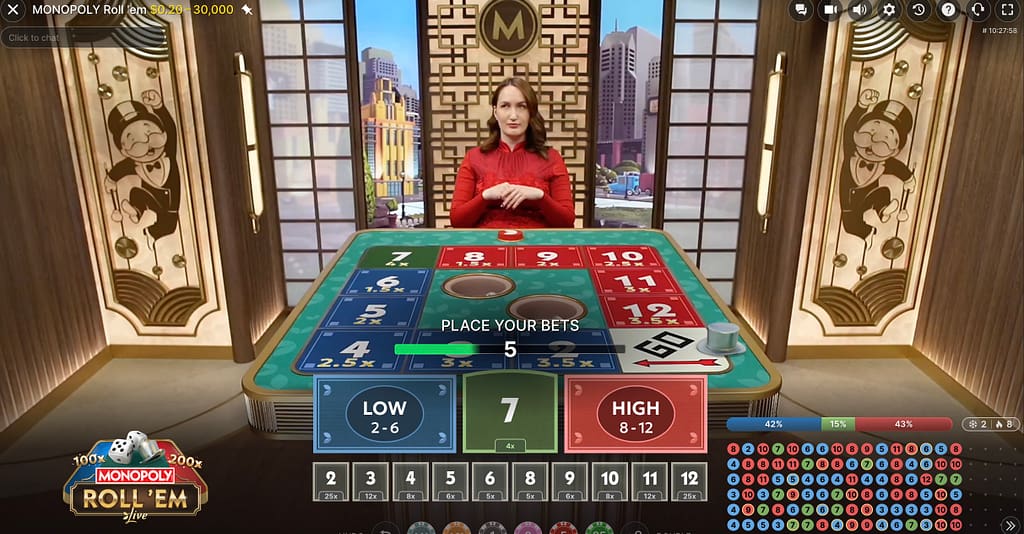 MONOPOLY Roll 'em Live betting phase with the game board, live presenter, and Low, 7 and High bet options visible