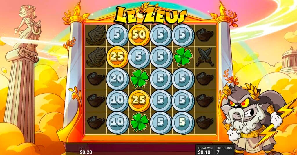 Gameplay during Le Zeus's Gods Just Wanna Have Fun bonus showing reels 2-5 completely filled with coin symbols (values 5x-50x) and clover multiplier symbols
