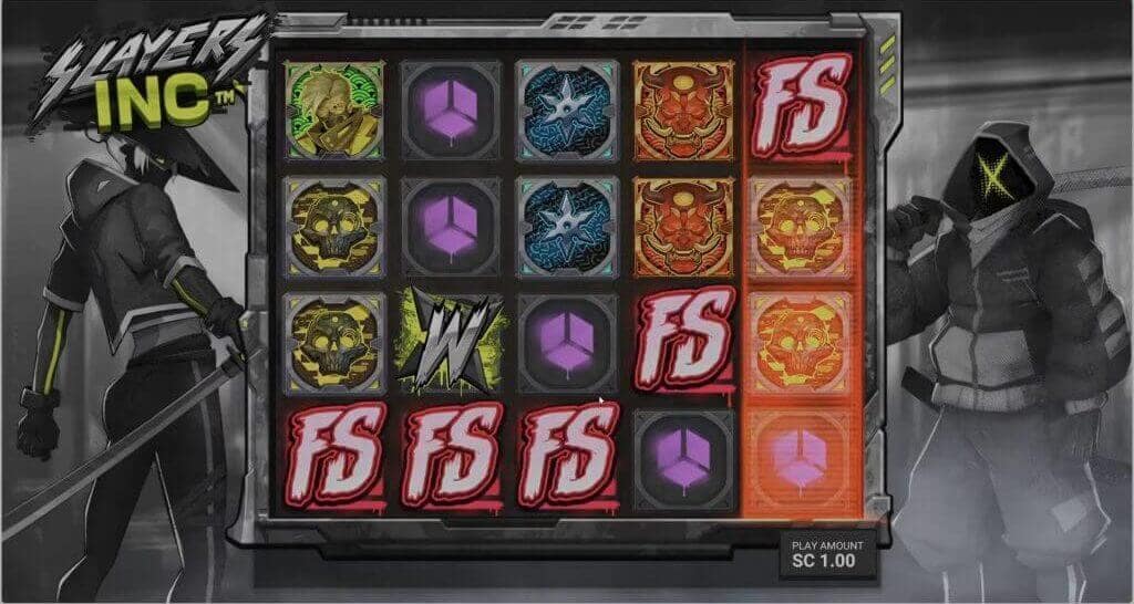 Slayers Inc slot base game showing five FS scatter symbols on the grid with a W wild symbol and various monster-hunting themed symbols