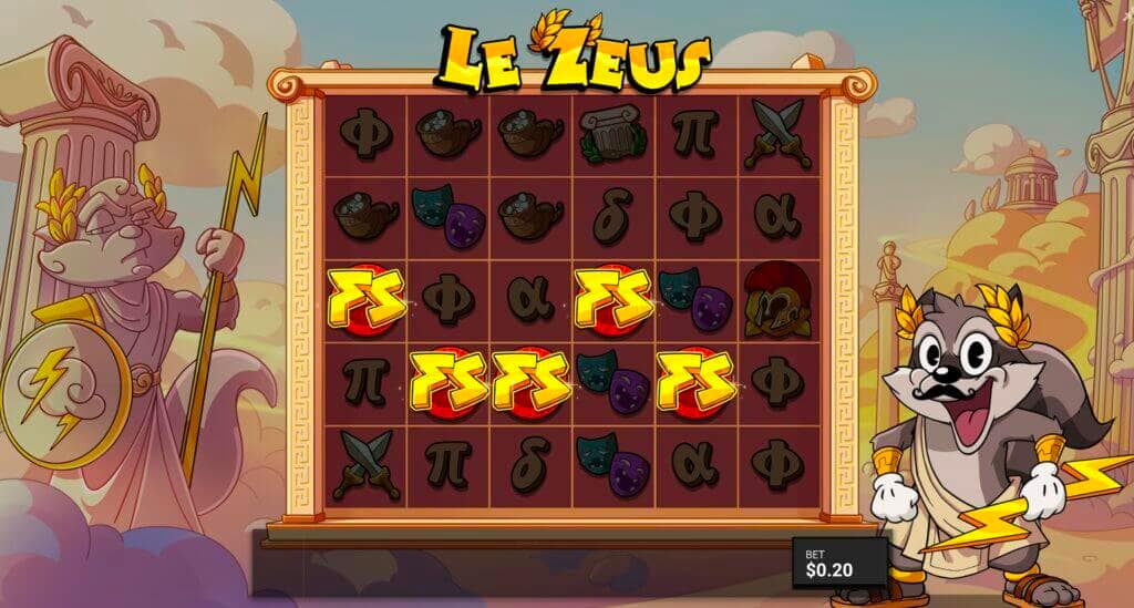 Le Zeus base game showing 5 FS scatter symbols landing on reels 2, 3, 4, and 5, triggering the Gods Just Wanna Have Fun Hidden Epic Bonus