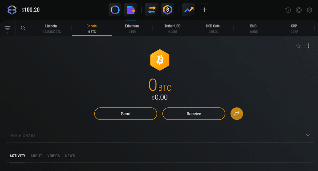 Exodus wallet Bitcoin tab showing 0 BTC balance ($0.00) with cryptocurrency tabs for Litecoin, Ethereum, Tether USD, USD Coin, BNB, and XRP, featuring Send and Receive buttons
