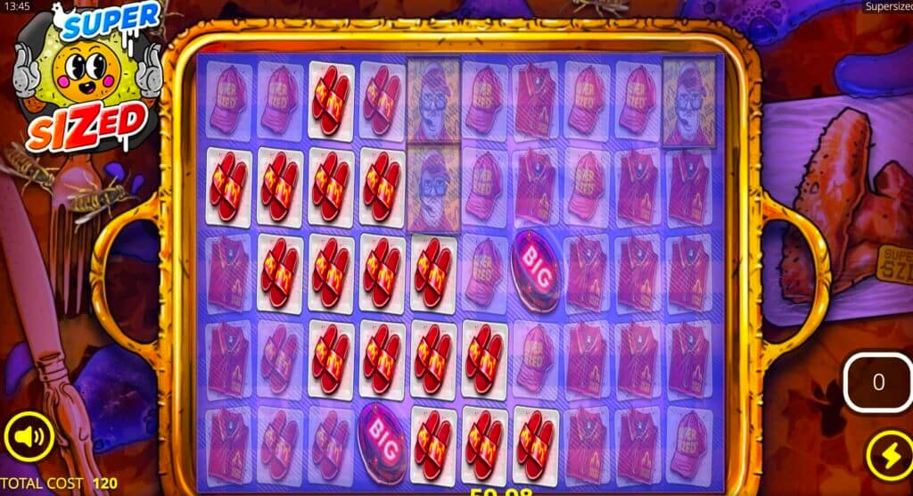 Supersized slot by Nolimit City showing expanded 10-reel grid with fast food symbols including red fries and purple clothing items, featuring Big symbols in the center during bonus gameplay