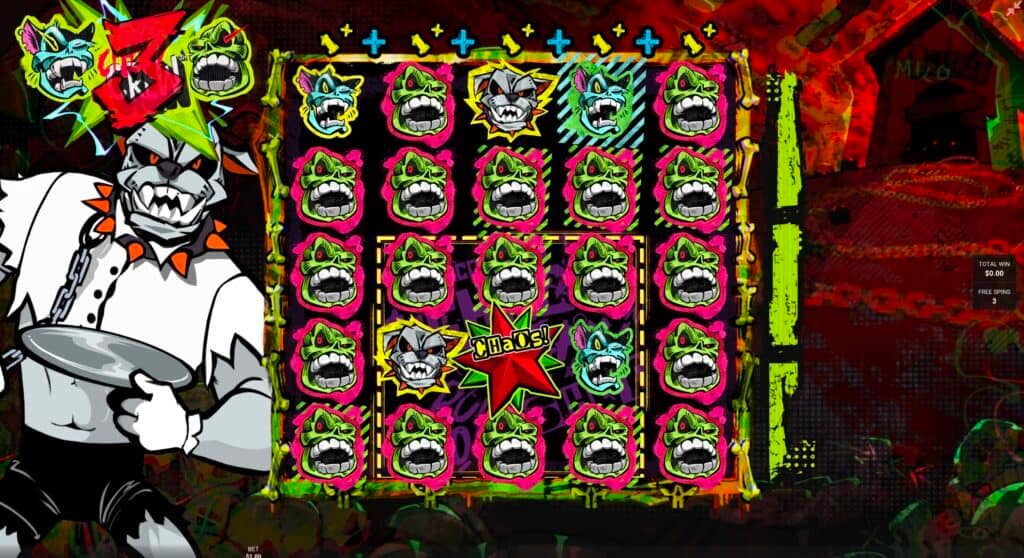 Chaos Crew 3 AN EPIC GLITCH bonus round showing the grid completely filled with Crazy Multipliers and special symbols with reel multipliers above each column