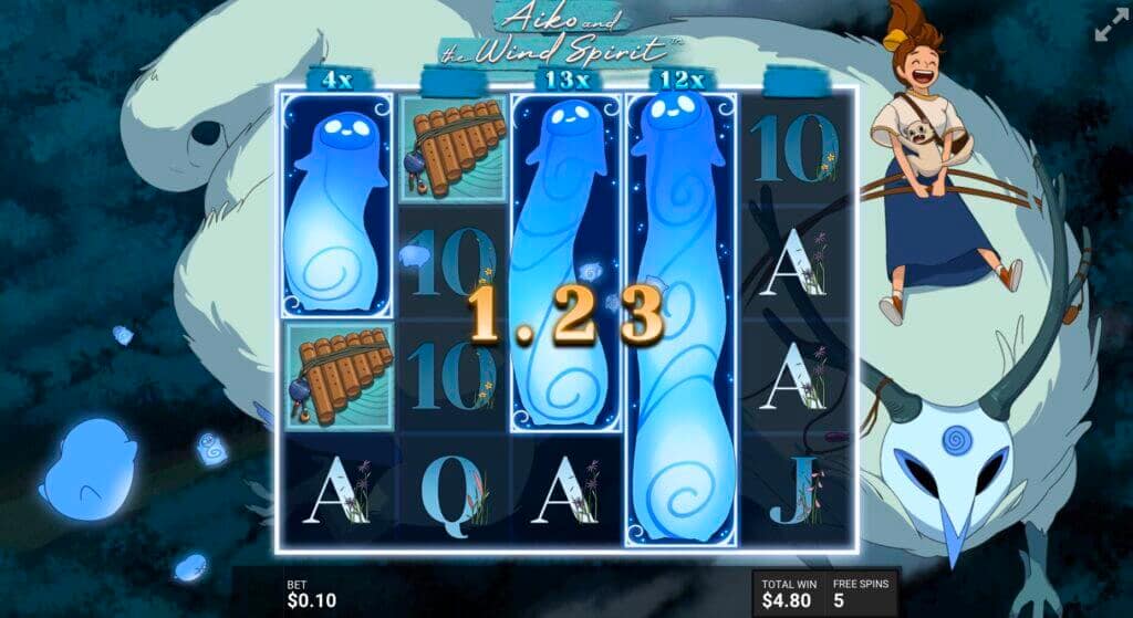 Active Midnight Magic bonus round showing expanded blue Wild Spirit symbols with multipliers 4x, 13x, and 12x on reels with Aiko riding the wind spirit