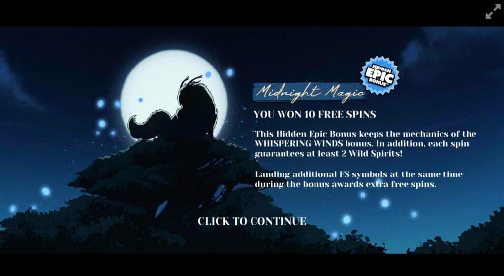 Midnight Magic Hidden Epic Bonus trigger screen showing silhouettes against full moon with text announcing 10 free spins and bonus mechanics