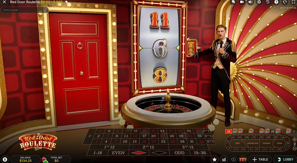 Red Door Roulette live studio showing the slot reel stopped on number 6 with the host pulling the lever, the iconic red door lit up on the left and the roulette wheel and betting layout in the foreground