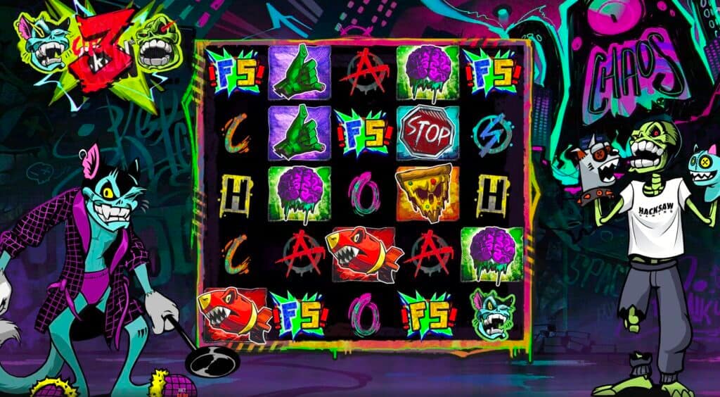 Chaos Crew 3 slot showing 5 FS scatter symbols landed simultaneously on the reels, about to trigger the rare AN EPIC GLITCH Hidden Epic Bonus