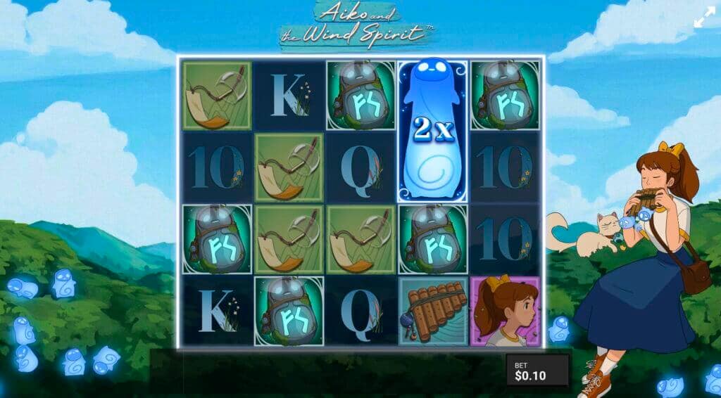 Aiko and the Wind Spirit slot showing 5 scatter symbols (FS) landed on the reels to trigger the Hidden Epic Bonus, with mountain landscape background