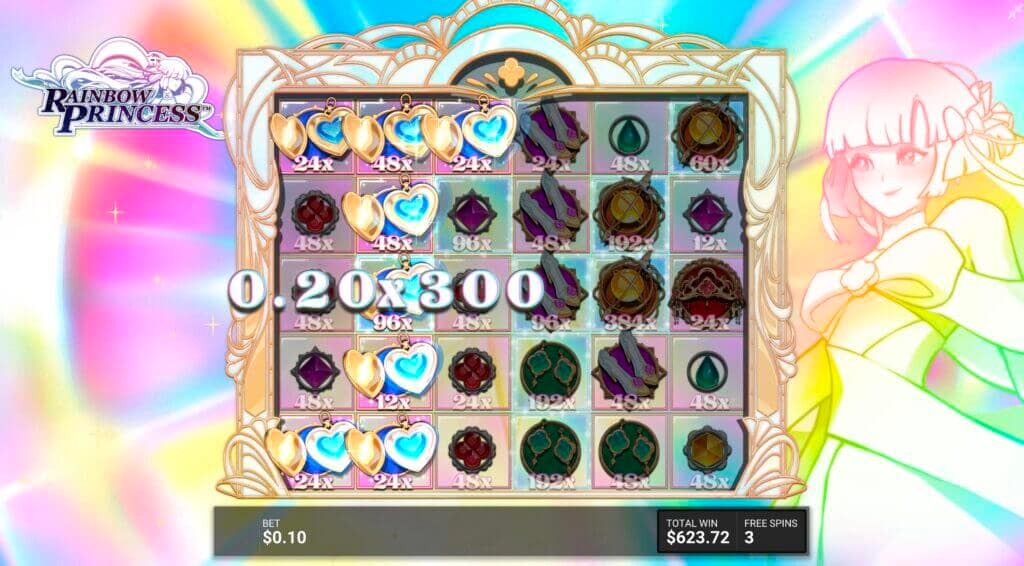 Rainbow Princess Throne of Starlight bonus round showing the grid covered in sticky multiplier frames with values like 24x, 48x, 96x and a win of $623.72