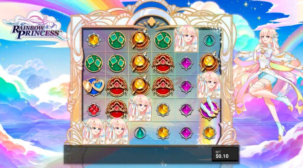 Rainbow Princess slot showing 5 FS scatter symbols landed simultaneously on the reels, about to trigger the rare Throne of Starlight Hidden Epic Bonus