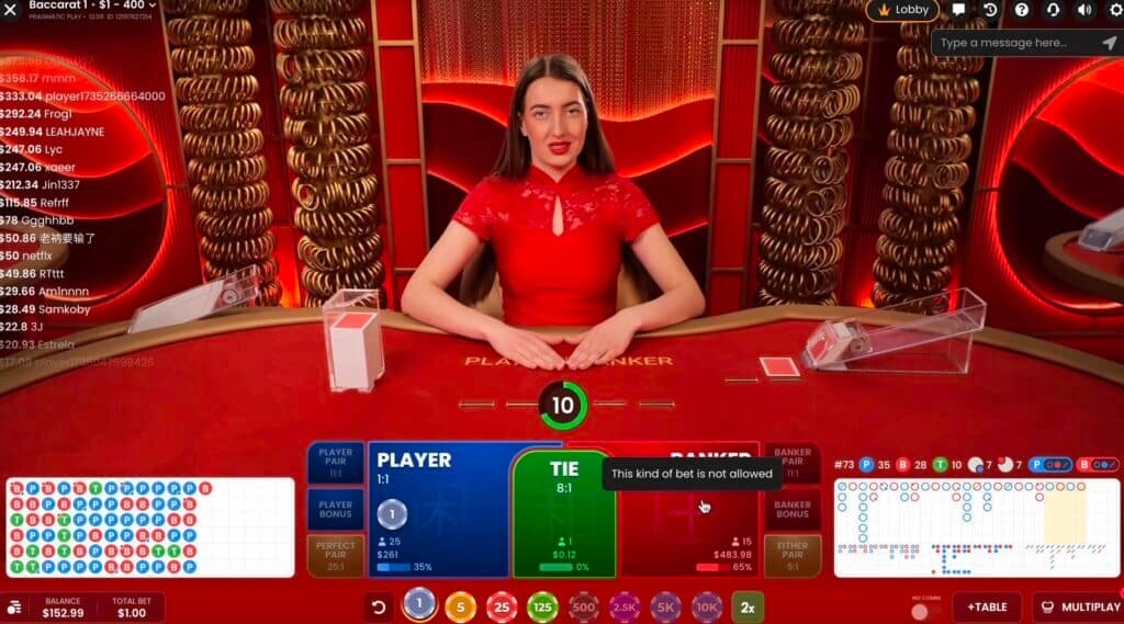 Live baccarat game showing 'This kind of bet is not allowed' message when attempting to place opposite bets on both Player and Banker