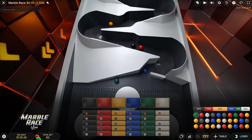 Screenshot of Evolution's Marble Race live casino game showing six billiard-style marbles mid-race on a two-tier sloped track, with the betting grid, player balance of $138.26, and crowd betting percentages visible in the interface.