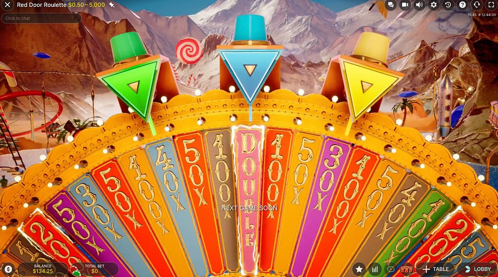 The Red Door Roulette 64-segment bonus wheel showing a lit-up Double segment at centre, surrounded by multiplier values including 500x, 400x, 300x, 100x and 150x