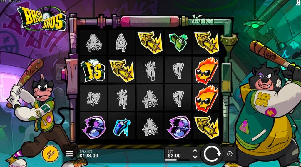 Bash Bros slot base game showing the 5x4 grid with various symbols including FS scatters, graffiti-style letters, and character symbols, with Oskar on the left and Fred on the right