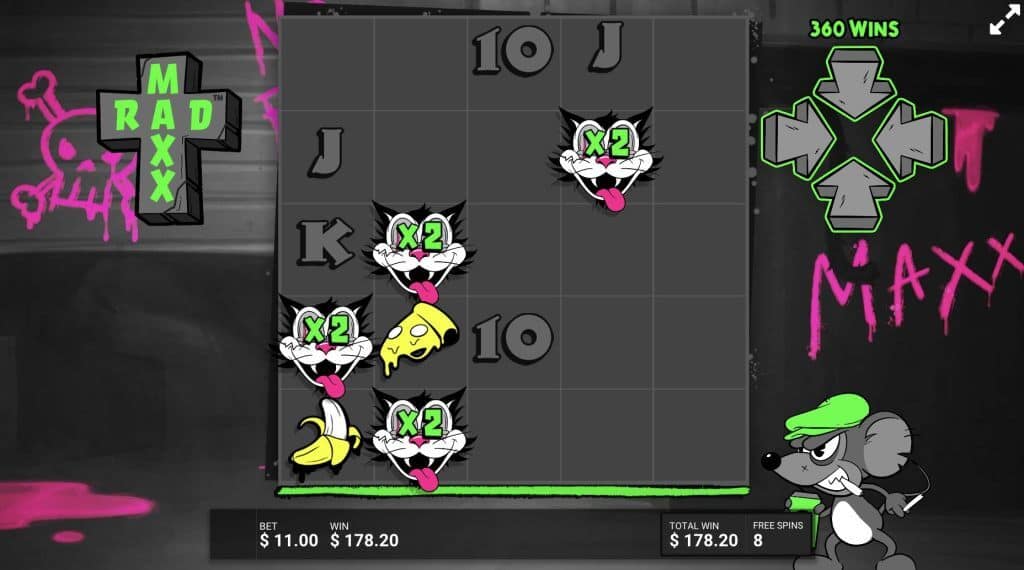 Rad Maxx gameplay showing X2 wild cat multipliers creating a winning combination