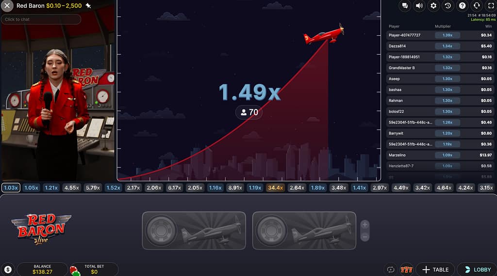 Red Baron live crash game by Evolution Gaming showing a 1.49x multiplier mid-round with 70 active players and the live host presenter