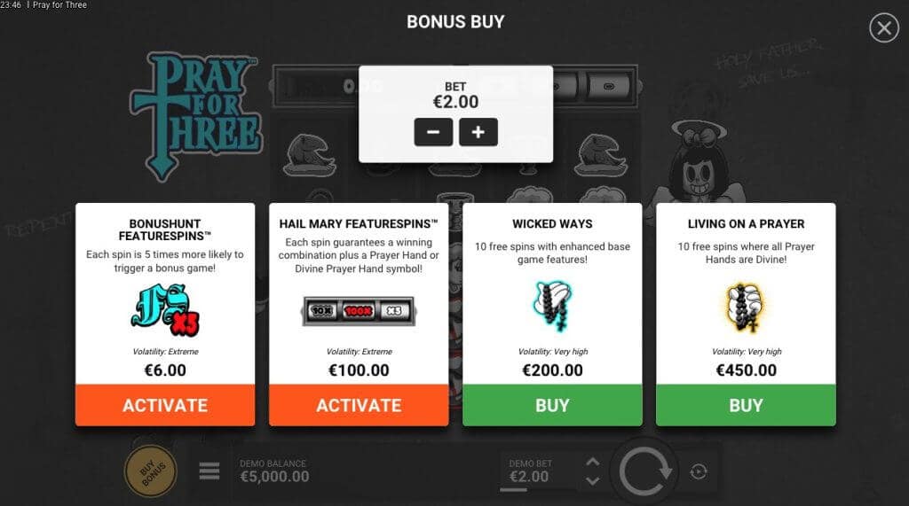 Bonus Buy options in Pray For Three, Including Bonushunt Featurespins