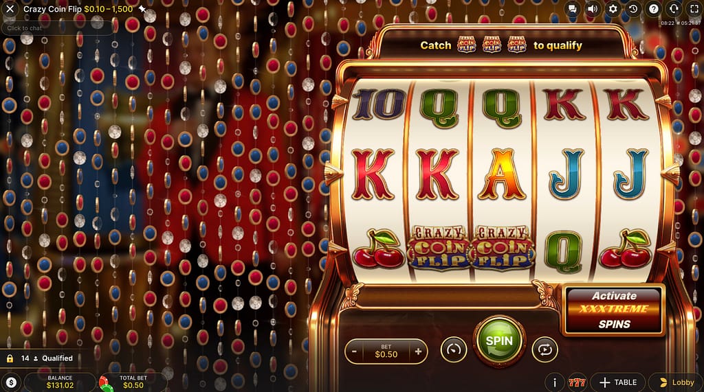 Crazy Coin Flip by Evolution Gaming showing the 5-reel qualification slot with two Crazy Coin Flip scatter symbols on the bottom row and the XXXtreme Spins activation button
